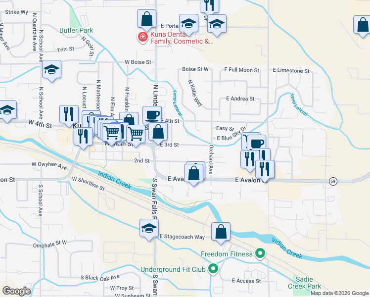 map of restaurants, bars, coffee shops, grocery stores, and more near 277 East 3rd Street in Kuna