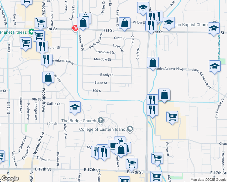 map of restaurants, bars, coffee shops, grocery stores, and more near 2282 Stace Street in Idaho Falls