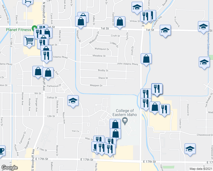 map of restaurants, bars, coffee shops, grocery stores, and more near 2220 Stace Street in Idaho Falls