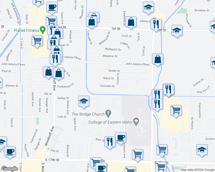 map of restaurants, bars, coffee shops, grocery stores, and more near 2140 Stace Street in Idaho Falls