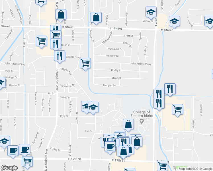 map of restaurants, bars, coffee shops, grocery stores, and more near 2140 Stace Street in Idaho Falls