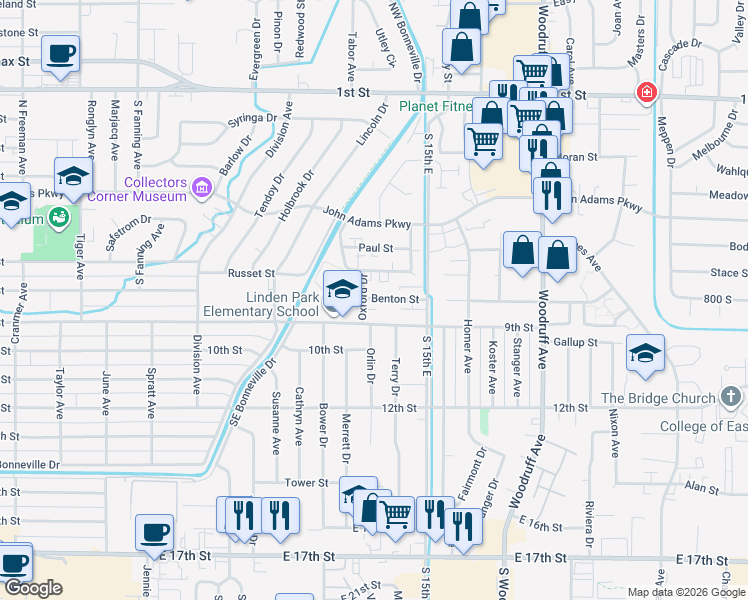 map of restaurants, bars, coffee shops, grocery stores, and more near 749 Oxford Drive in Idaho Falls