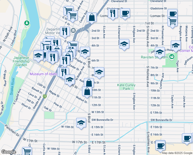 map of restaurants, bars, coffee shops, grocery stores, and more near 167 8th Street in Idaho Falls