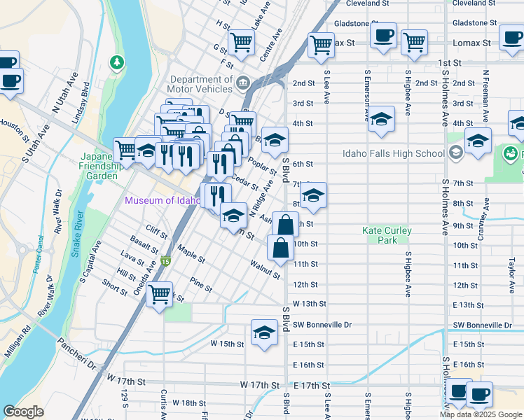 map of restaurants, bars, coffee shops, grocery stores, and more near 390 North Ridge Avenue in Idaho Falls