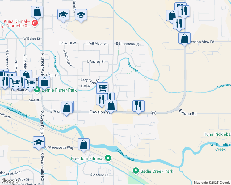 map of restaurants, bars, coffee shops, grocery stores, and more near 385 North Winding Trail Avenue in Kuna