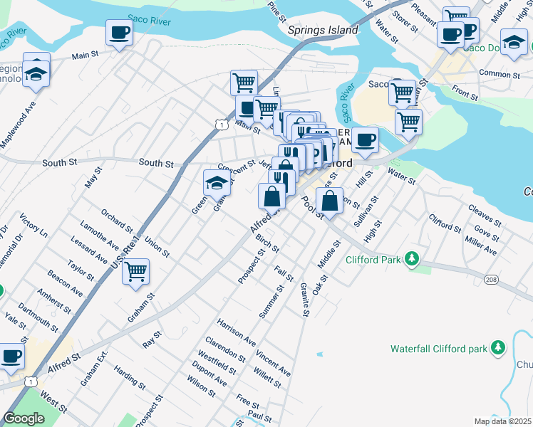 map of restaurants, bars, coffee shops, grocery stores, and more near 100 Alfred Street in Biddeford