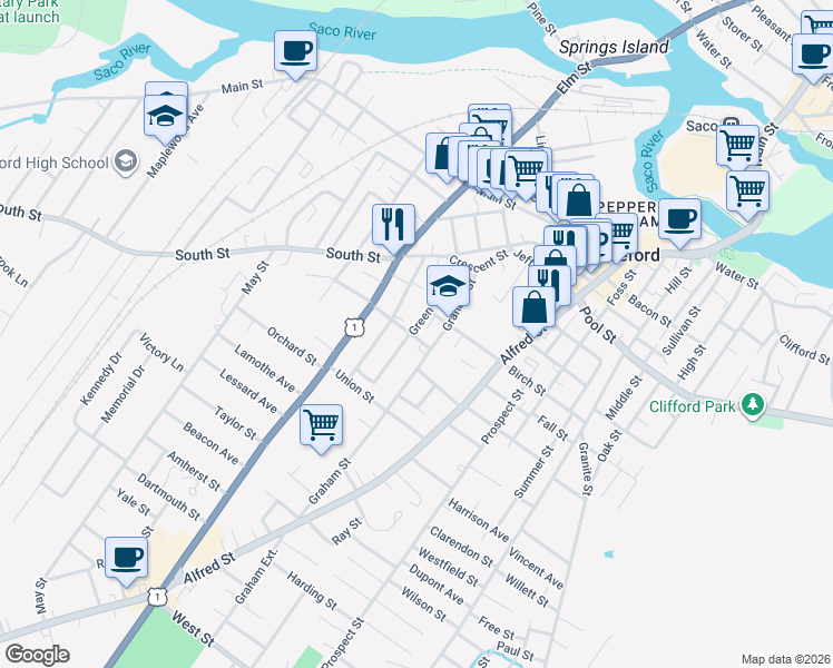 map of restaurants, bars, coffee shops, grocery stores, and more near 60 Green Street in Biddeford