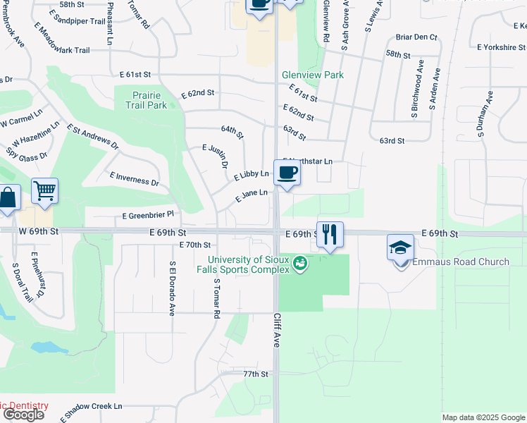 map of restaurants, bars, coffee shops, grocery stores, and more near 6000 Cliff Avenue in Sioux Falls