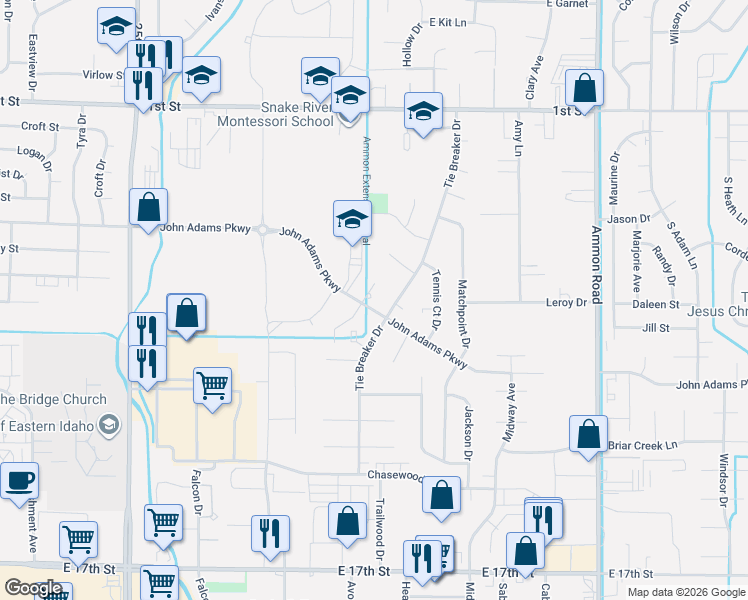 map of restaurants, bars, coffee shops, grocery stores, and more near 681 Katie Court in Ammon