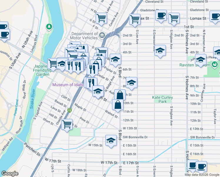 map of restaurants, bars, coffee shops, grocery stores, and more near 390 North Ridge Avenue in Idaho Falls
