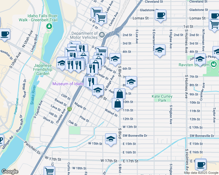 map of restaurants, bars, coffee shops, grocery stores, and more near 326 North Ridge Avenue in Idaho Falls
