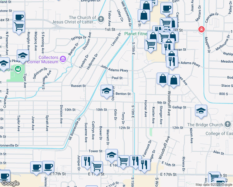 map of restaurants, bars, coffee shops, grocery stores, and more near 749 Oxford Drive in Idaho Falls
