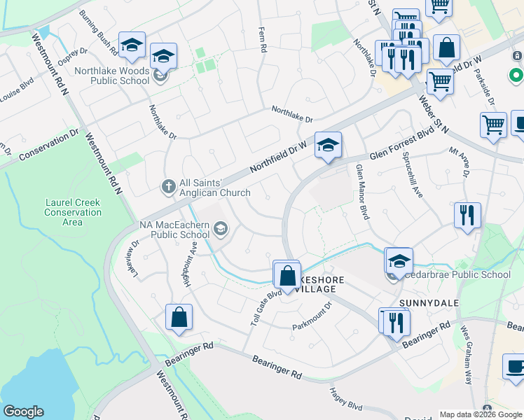 map of restaurants, bars, coffee shops, grocery stores, and more near 522 Glendene Crescent in Waterloo