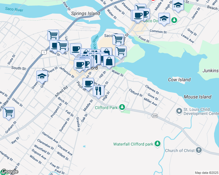 map of restaurants, bars, coffee shops, grocery stores, and more near 19 Sullivan Street in Biddeford