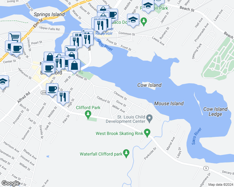 map of restaurants, bars, coffee shops, grocery stores, and more near 109 Cleaves Street in Biddeford