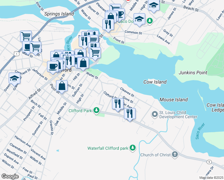 map of restaurants, bars, coffee shops, grocery stores, and more near 110 Cleaves Street in Biddeford
