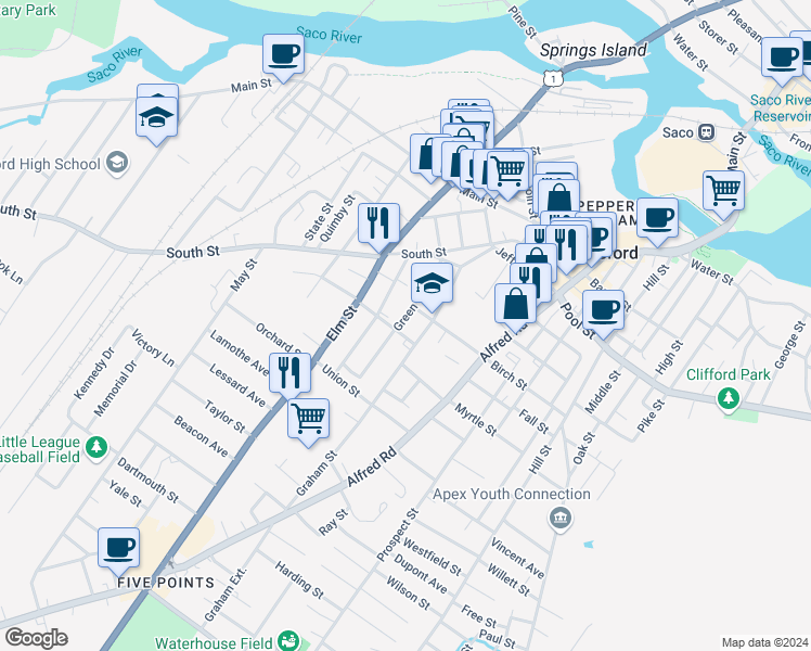 map of restaurants, bars, coffee shops, grocery stores, and more near 60 Green Street in Biddeford