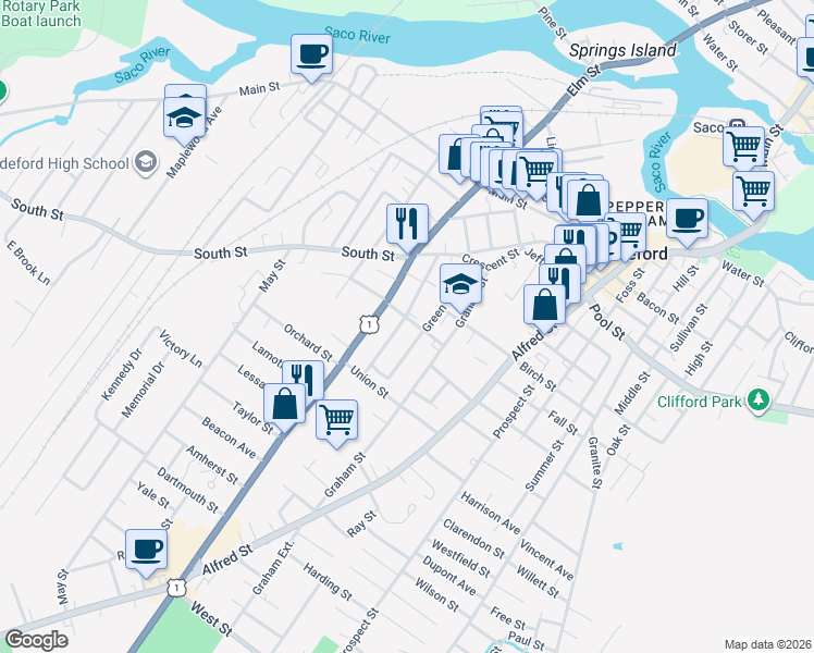 map of restaurants, bars, coffee shops, grocery stores, and more near 26 Mason Street in Biddeford