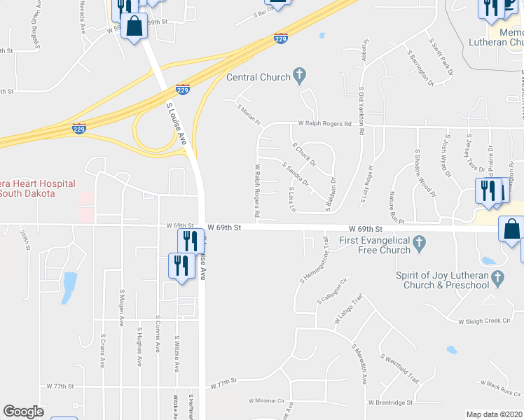 map of restaurants, bars, coffee shops, grocery stores, and more near 3601 West Ralph Rogers Road in Sioux Falls