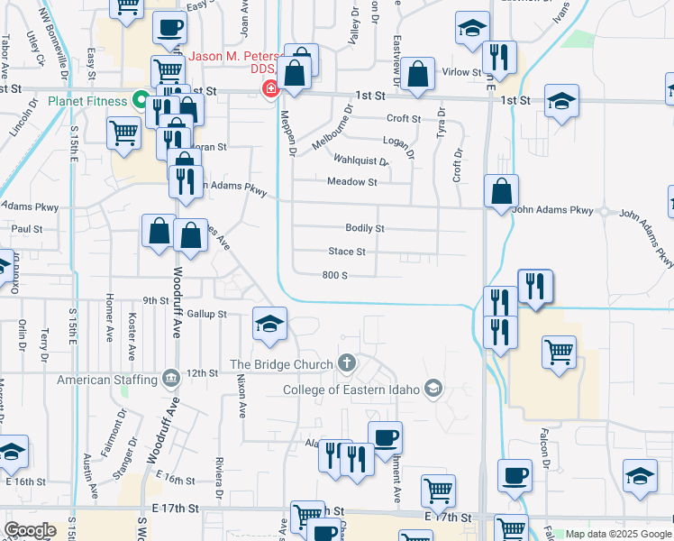 map of restaurants, bars, coffee shops, grocery stores, and more near 2141 Meppen Drive in Idaho Falls