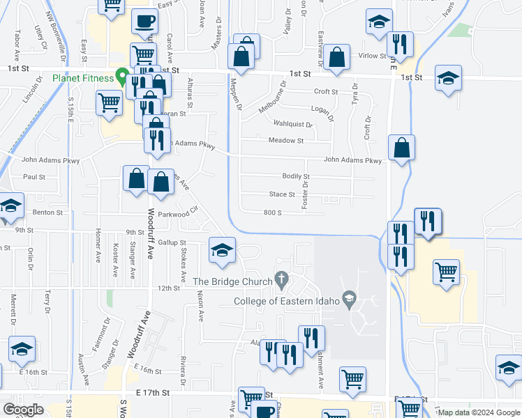 map of restaurants, bars, coffee shops, grocery stores, and more near 2101 Meppen Drive in Idaho Falls