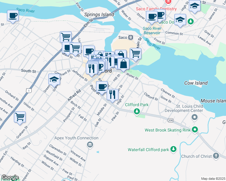 map of restaurants, bars, coffee shops, grocery stores, and more near 60 Bacon Street in Biddeford