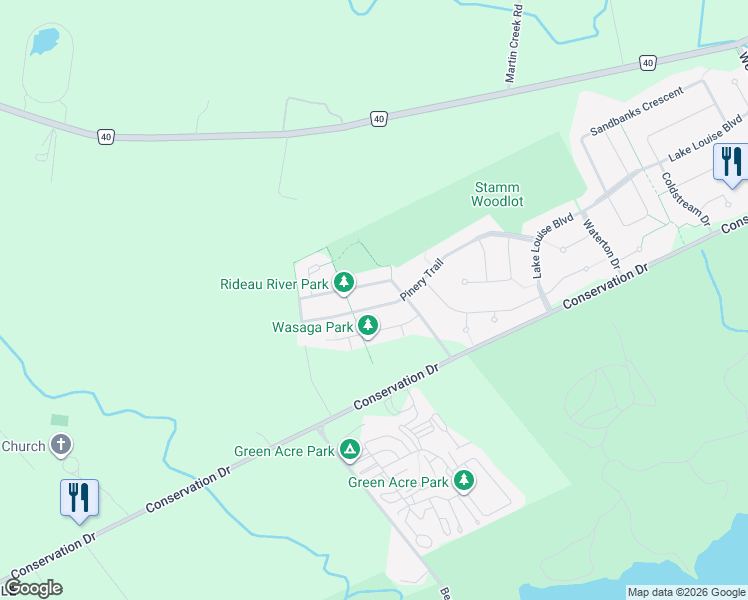 map of restaurants, bars, coffee shops, grocery stores, and more near 584 Pinery Trail in Waterloo