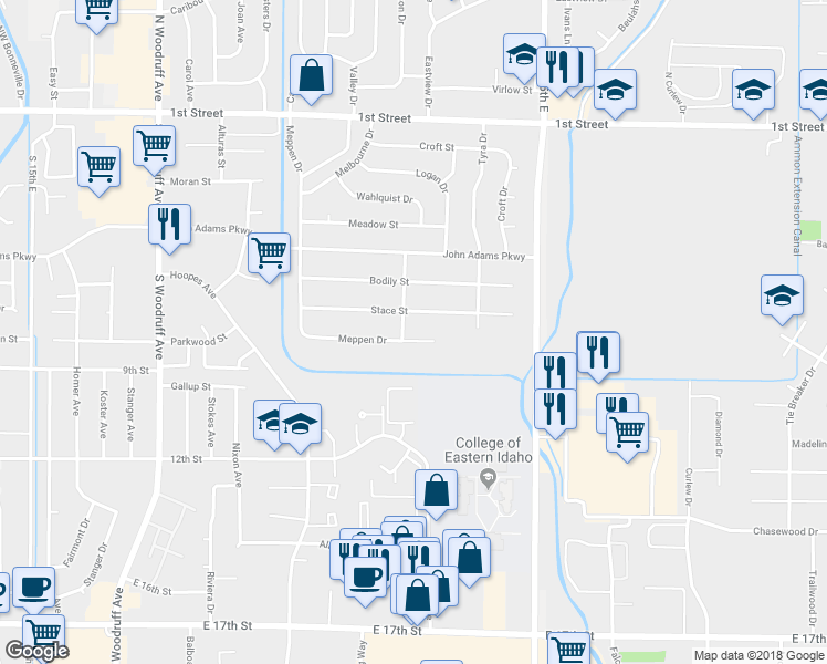 map of restaurants, bars, coffee shops, grocery stores, and more near 2282 Stace Street in Idaho Falls