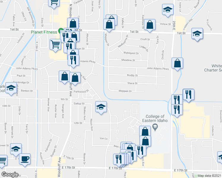map of restaurants, bars, coffee shops, grocery stores, and more near 2070 Stace Street in Idaho Falls