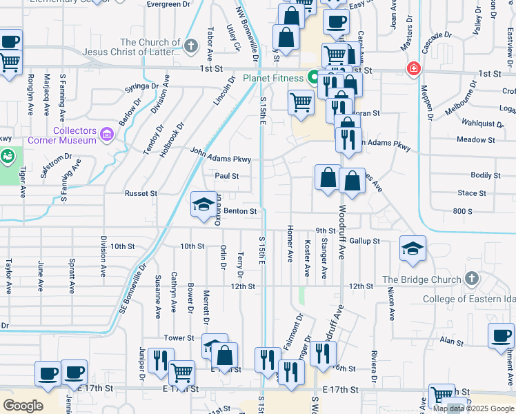 map of restaurants, bars, coffee shops, grocery stores, and more near 1444 Cambridge Drive in Idaho Falls