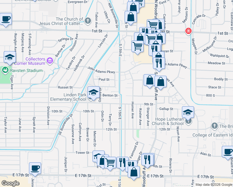 map of restaurants, bars, coffee shops, grocery stores, and more near 1444 Cambridge Drive in Idaho Falls