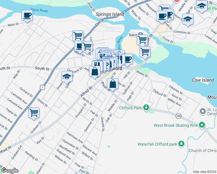 map of restaurants, bars, coffee shops, grocery stores, and more near 11 King Street in Biddeford