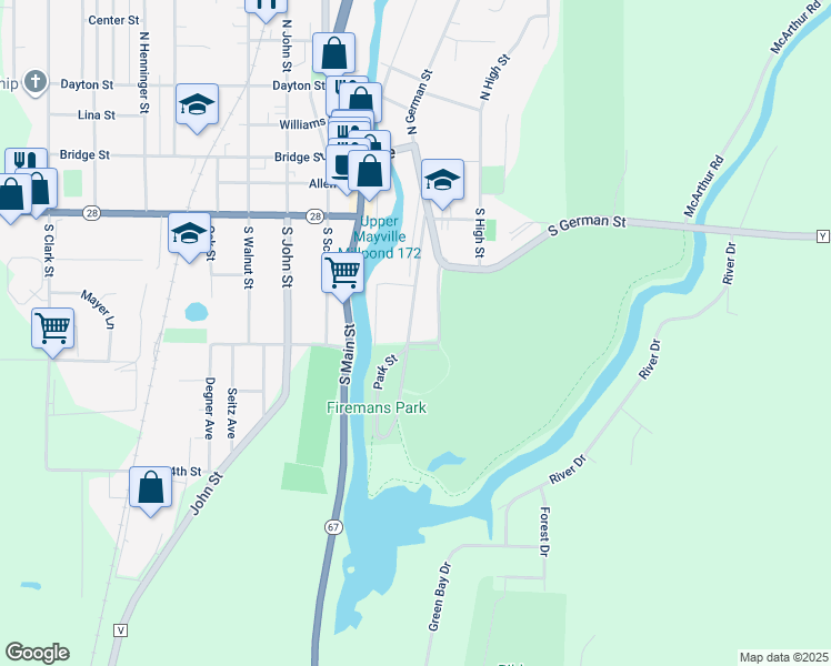 map of restaurants, bars, coffee shops, grocery stores, and more near 368 Park Road in Mayville