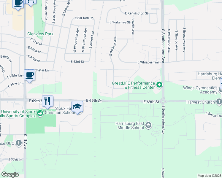 map of restaurants, bars, coffee shops, grocery stores, and more near Meadowside Place in Sioux Falls