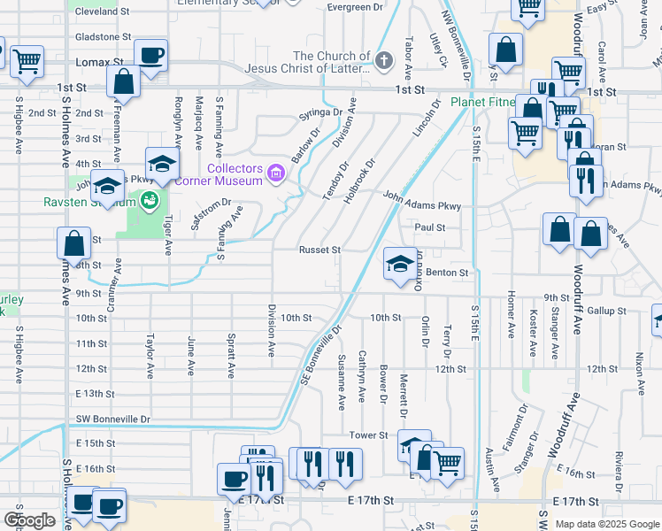 map of restaurants, bars, coffee shops, grocery stores, and more near 850 Lincoln Drive in Idaho Falls