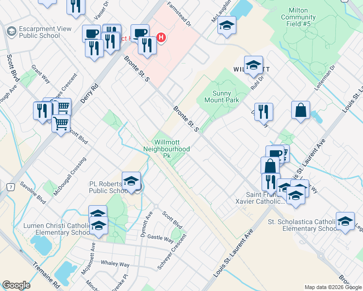 map of restaurants, bars, coffee shops, grocery stores, and more near 119 Rottenburg Court in Milton