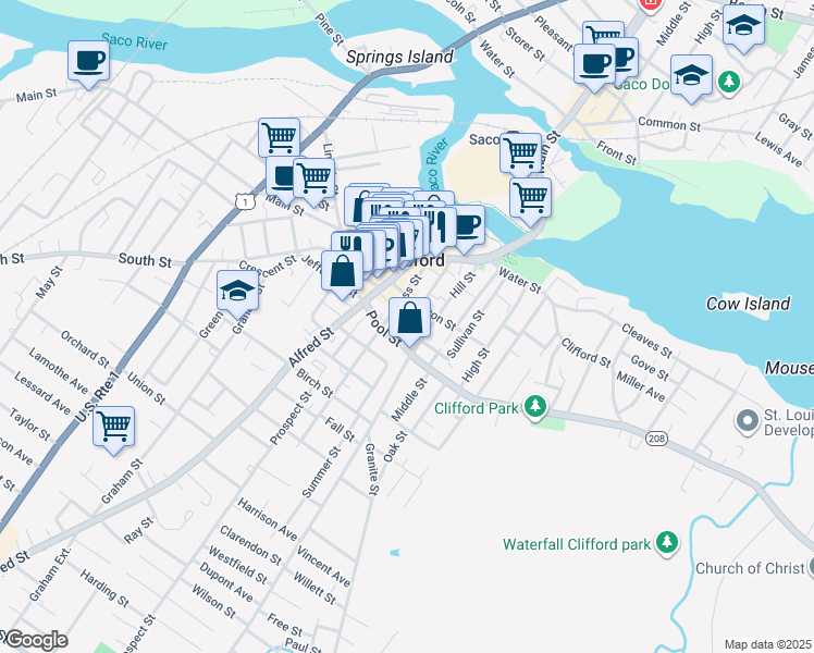 map of restaurants, bars, coffee shops, grocery stores, and more near 14 King Street in Biddeford