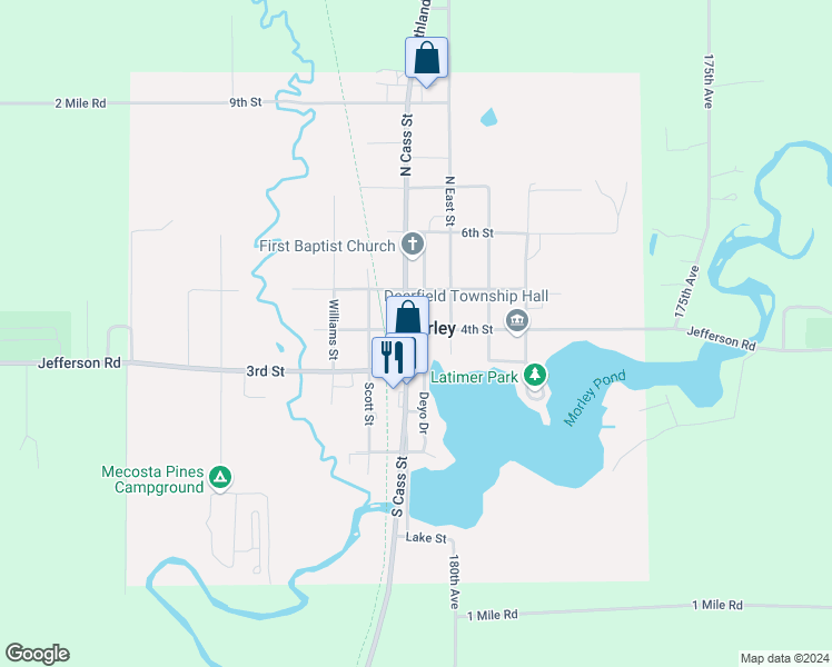 map of restaurants, bars, coffee shops, grocery stores, and more near 101 South Cass Street in Morley