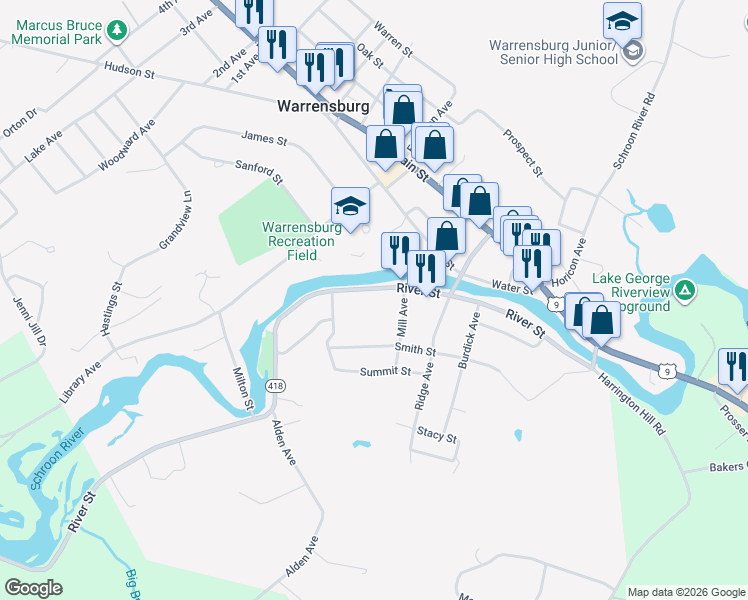 map of restaurants, bars, coffee shops, grocery stores, and more near 63 River Street in Warrensburg