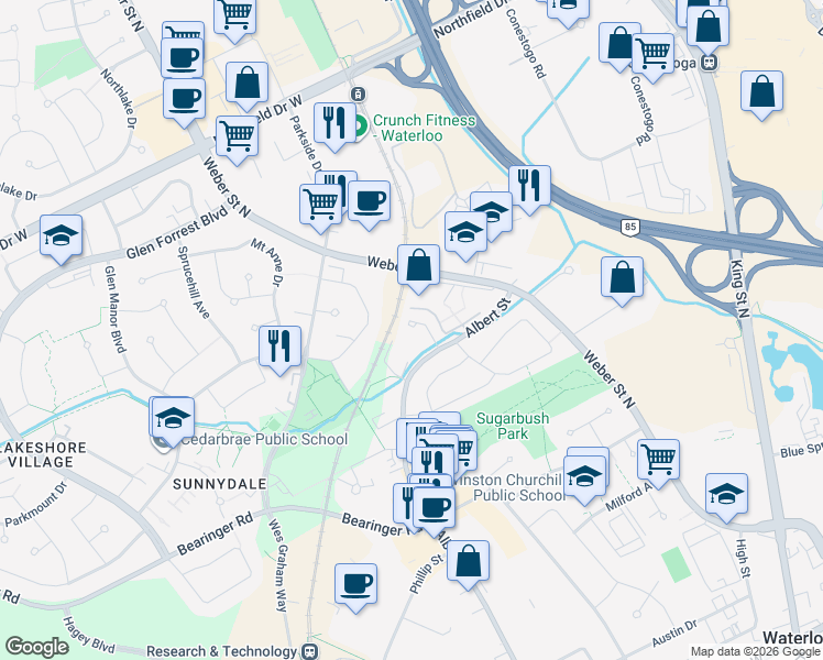 map of restaurants, bars, coffee shops, grocery stores, and more near 647 Albert Street in Waterloo
