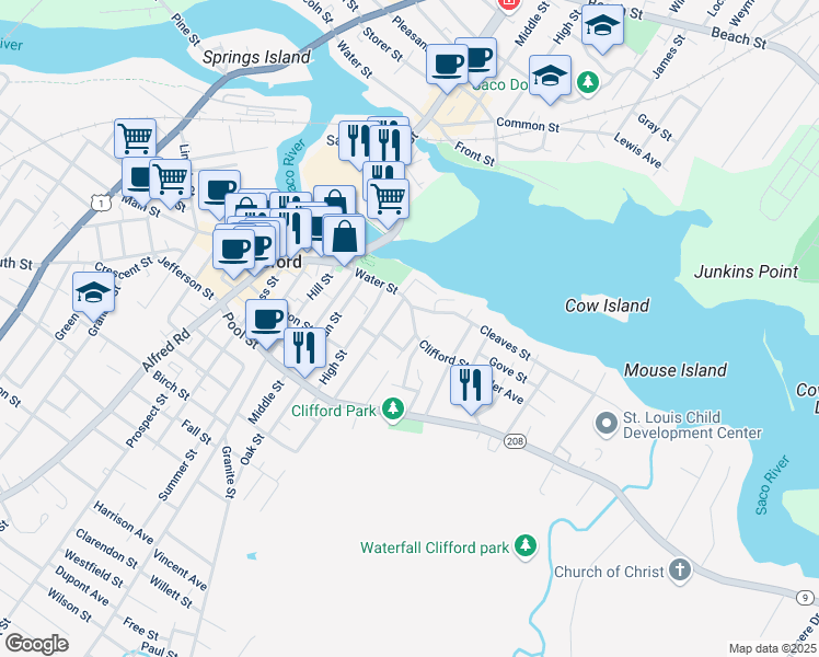 map of restaurants, bars, coffee shops, grocery stores, and more near 10 Clifford Street in Biddeford