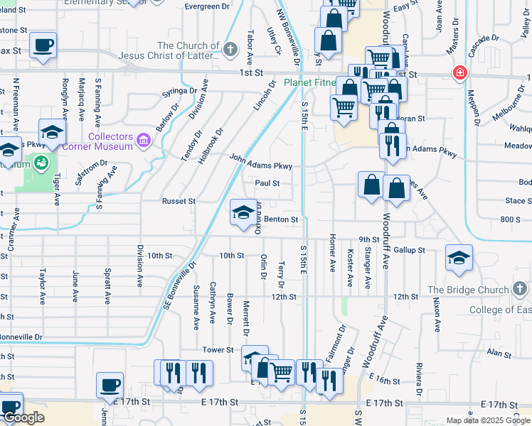 map of restaurants, bars, coffee shops, grocery stores, and more near 749 Oxford Drive in Idaho Falls