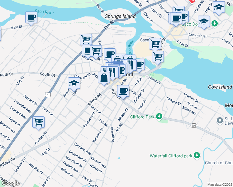 map of restaurants, bars, coffee shops, grocery stores, and more near 11 King Street in Biddeford
