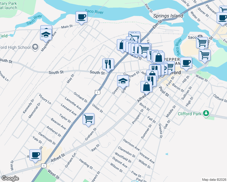 map of restaurants, bars, coffee shops, grocery stores, and more near 60 Green Street in Biddeford