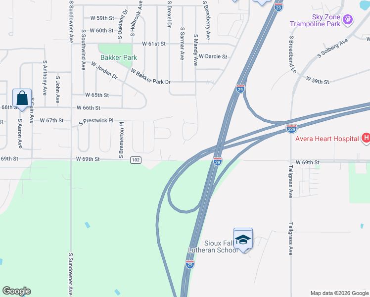 map of restaurants, bars, coffee shops, grocery stores, and more near 5902 South Mandy Circle in Sioux Falls