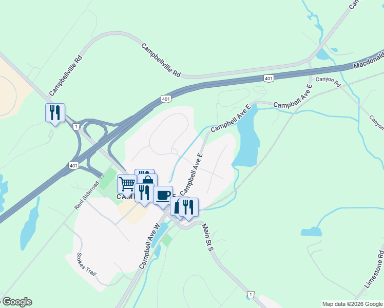 map of restaurants, bars, coffee shops, grocery stores, and more near 141 Campbell Avenue East in Milton