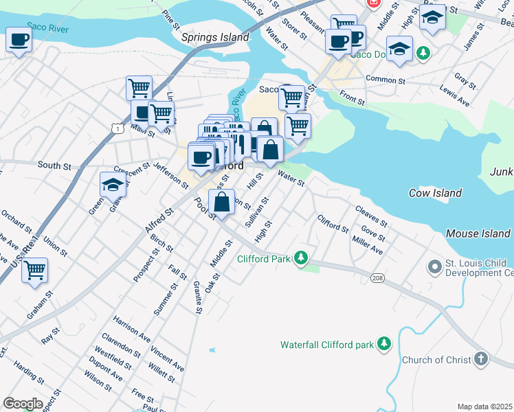 map of restaurants, bars, coffee shops, grocery stores, and more near 46 Sullivan Street in Biddeford