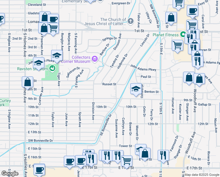 map of restaurants, bars, coffee shops, grocery stores, and more near 850 Lincoln Drive in Idaho Falls