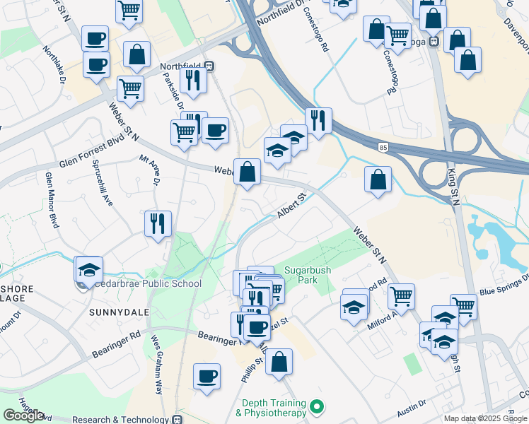 map of restaurants, bars, coffee shops, grocery stores, and more near 651 Albert Street in Waterloo