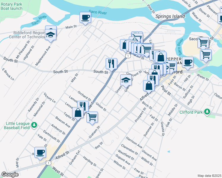 map of restaurants, bars, coffee shops, grocery stores, and more near 40 Wentworth Street in Biddeford